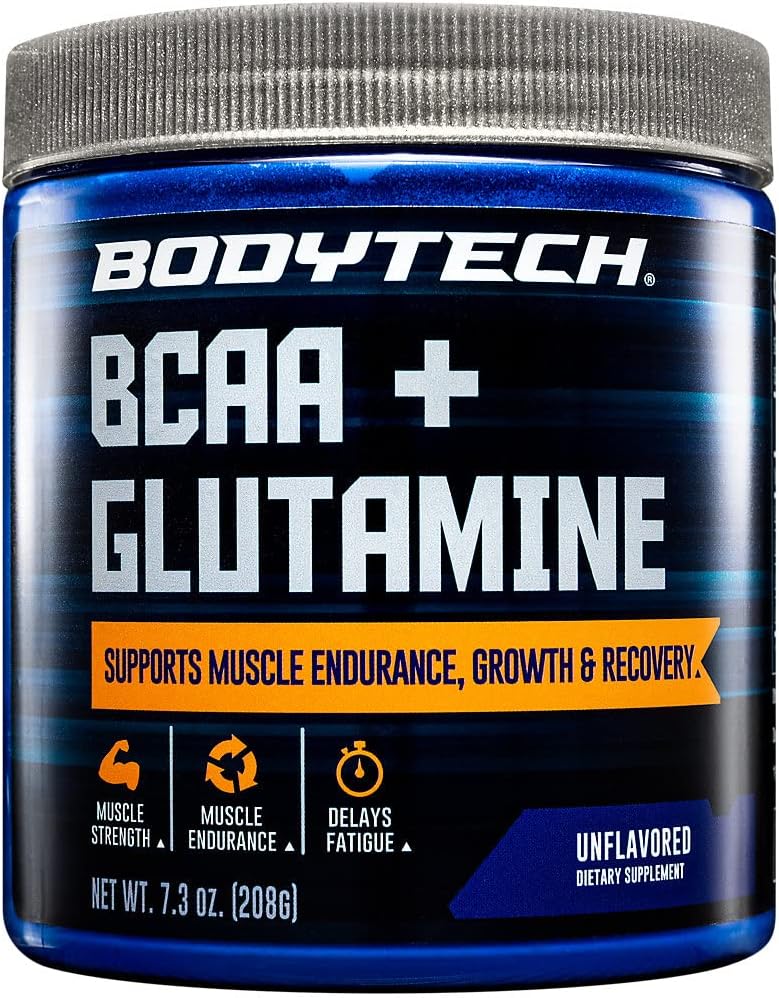 BodyTech BCAA + Glutamine Powder with Vitamin C, L Glutamine & More, Essential Pre Workout or Post Workout Amino Acids for Men & Women, Unflavored, 7.3 Oz, 30 Servings