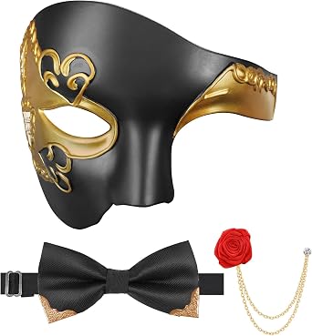 FunMular Masquerade Mask for Men Phantom of The Opera Mask Half Face with Bowtie Brooch for Halloween Mardi Gras Party
