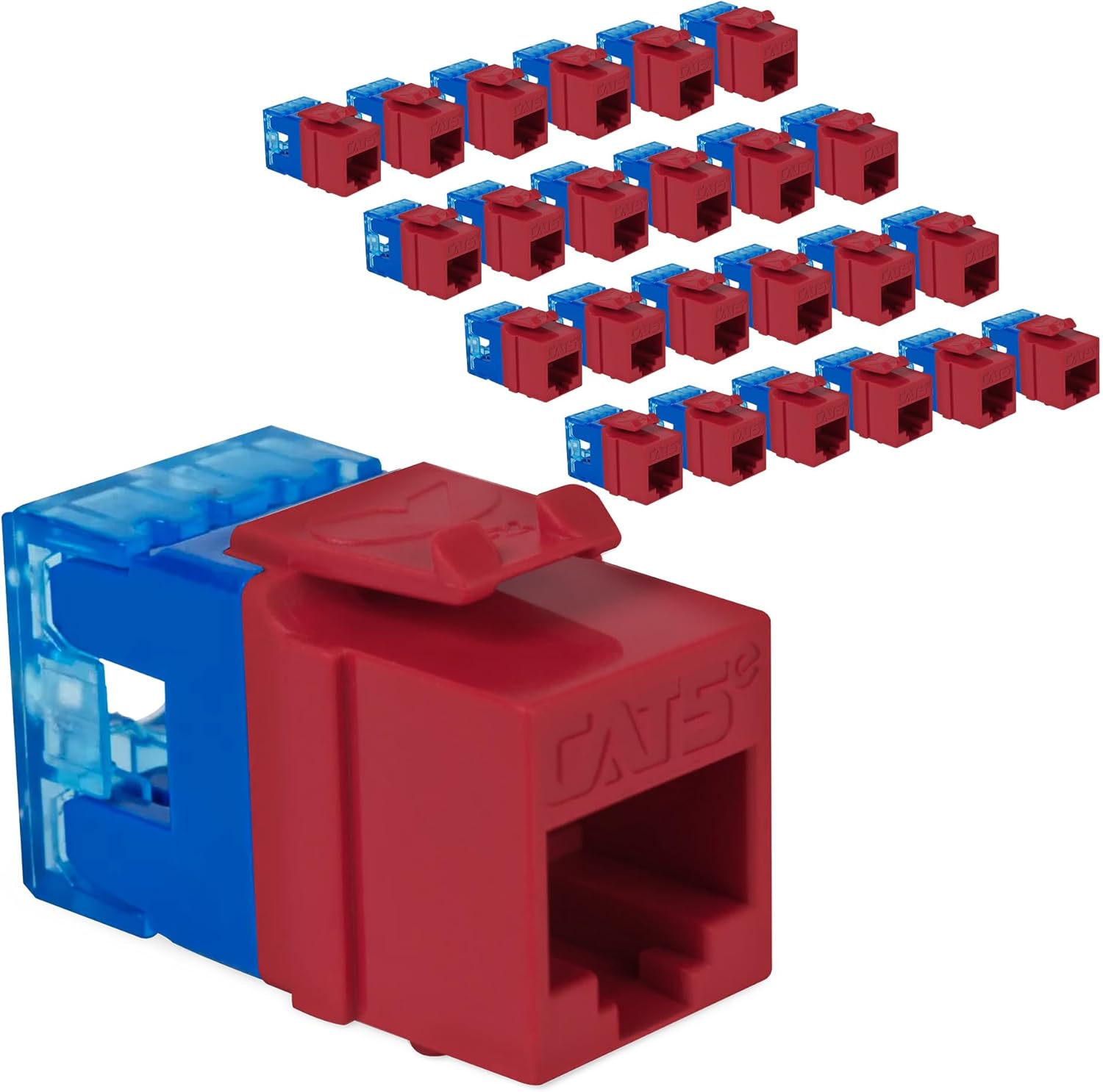 ICC CAT5e Keystone Jack with Slim Profile 180 Degree Punch Down, RJ45 UL Listed PoE++ TAA VoIP Compliant for Wall Plate or Patch Panel, Works with JackEasy Termination Tool, Red 25 Pack