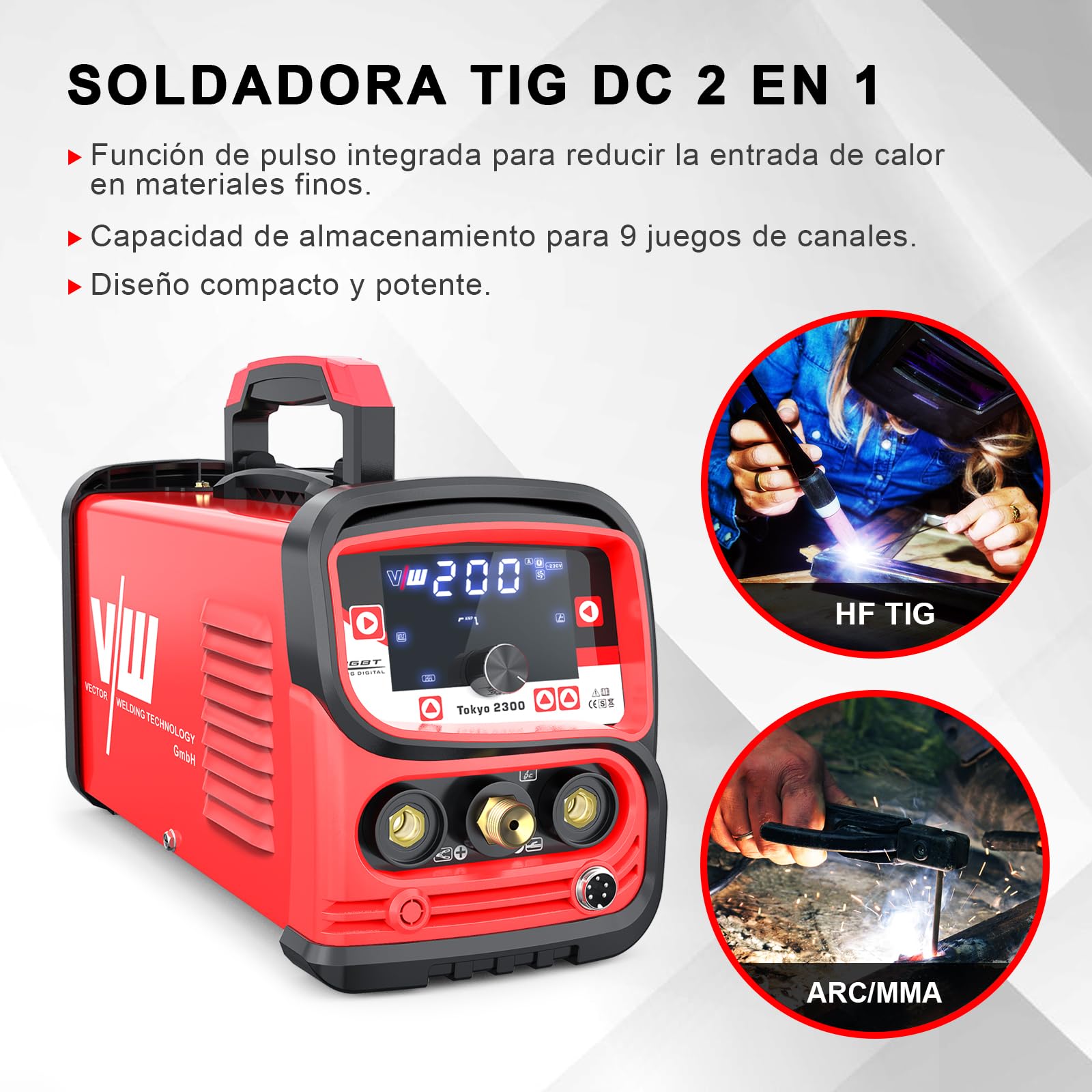 Máquina de soldadura Tig con 200 amp y función de soldadura por electrodo de 170 amp | Función de pulso - preflujo y postflujo de gas - subida y bajada de corriente - Tokyo 2300 de Vector Welding