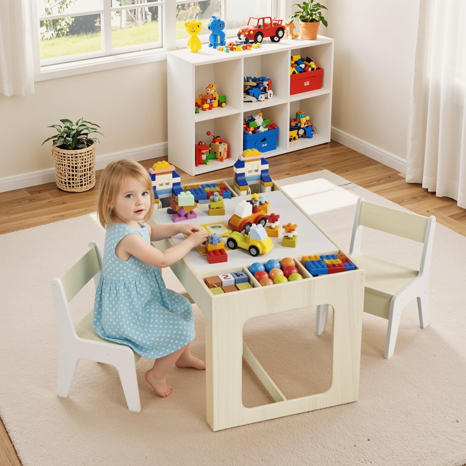 Clevich Table avec 2 Chaises avec Rangement, pour Enfant avec Plateau de Table Réversible, Bureau avec 2 PCS Chaise pour l'école, la Garderie, Bureau Enfant 3 Ans, Blanc