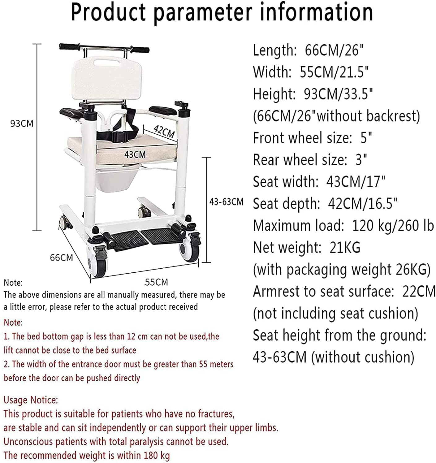 Medyczny podnośnik dla pacjentów w domu, niepełnosprawna starsza łazienka Wózek inwalidzki do przenoszenia z siedzeniem dzielonym o 180 °, komoda nocna z basenem Krzesło prysznicowe Krzesło toaletowe
