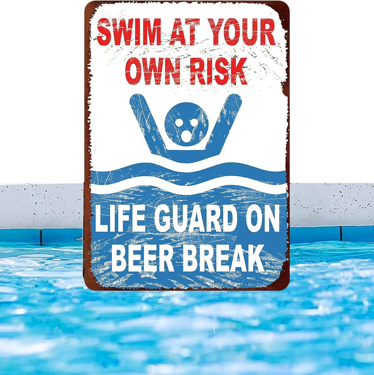 Warning Signs,Pool Rules Signs,Swim At Your Own Risk Lifeguard On Beer Break Pool Safety Sign 8"X12" Metal Aluminum Retro Metal tin Sign
