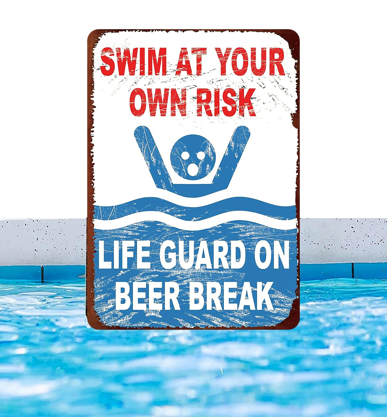 Eletina Swim at Your Own Risk Lifeguard On Beer Break Retro Look Home Club bar Wall Art Decoration Metal Tin Sign 12 X 8 inch