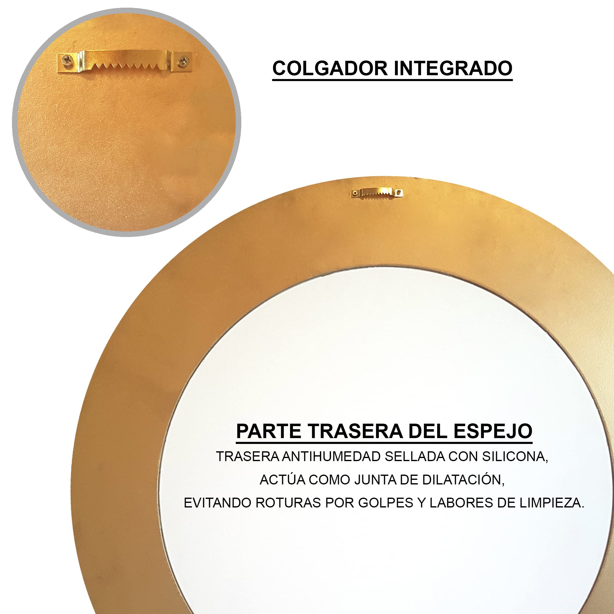 Espejo Redondo de Pared Oro Envejecido, Moldura de 10 cm, 60 cm Exterior | Acabado Artesanal, Para Recibor, Salón y Baño. Fabricado en España