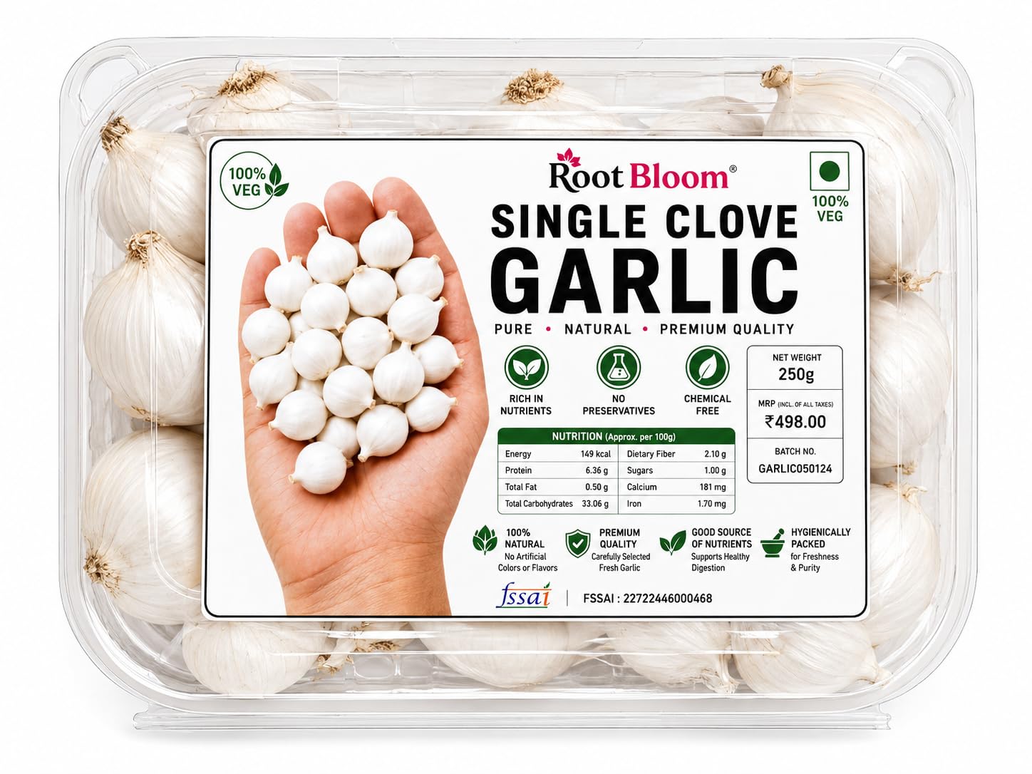 RootBloom Dry Ek Pothi Lahsun Organic Single Clove Garlic 250g (0.250 Kg) Grade-A Qualilty (Not Hybrid)