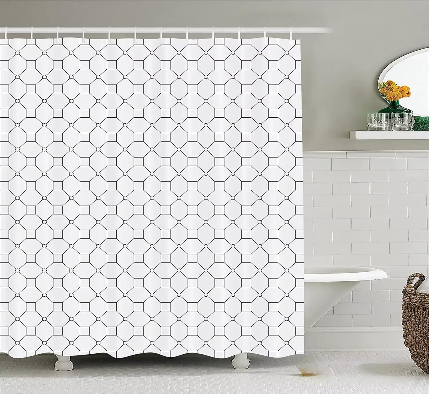 Cortina de Ducha 240x200 Diseño Geométrico Moderno,Lavable,Repelente al Agua con Ganchos,para Baño,Bañera,240Anx200Al cm (1 Panel)