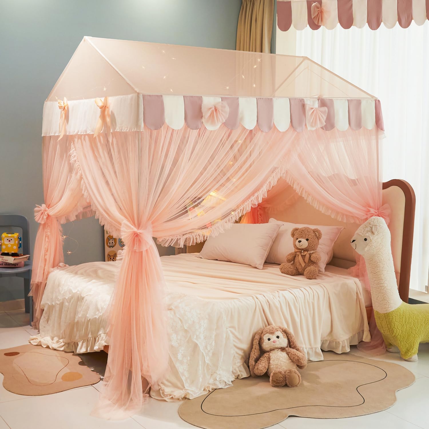 Mengersi House Bed Canopy for Girls Bunk Bed Canopy Bed Curtains with Lights,Montessori House Bed Drapes Twin Size Bed (Twin, Pink)