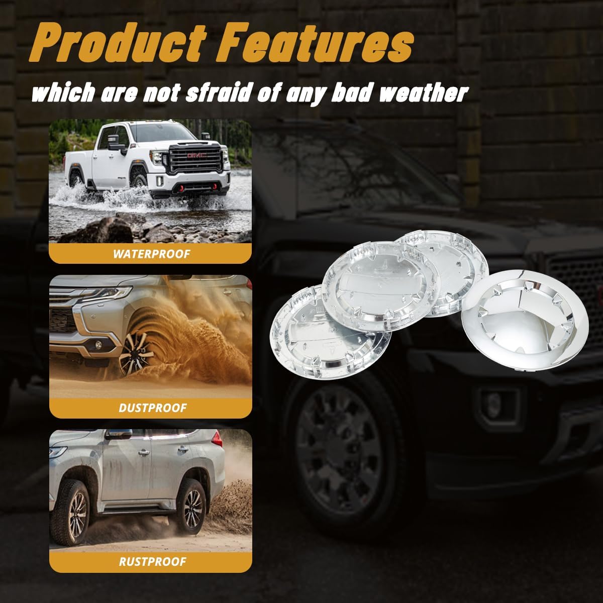 4Pcs 7.42in / 188.5mm Car Wheel Center Caps for 2007-2014 Sierra 1500 2007-2014 Denali Yukon XL Denali Chrome Outer 7.42 in, Inner 6.76 in Snap-On Hub Caps