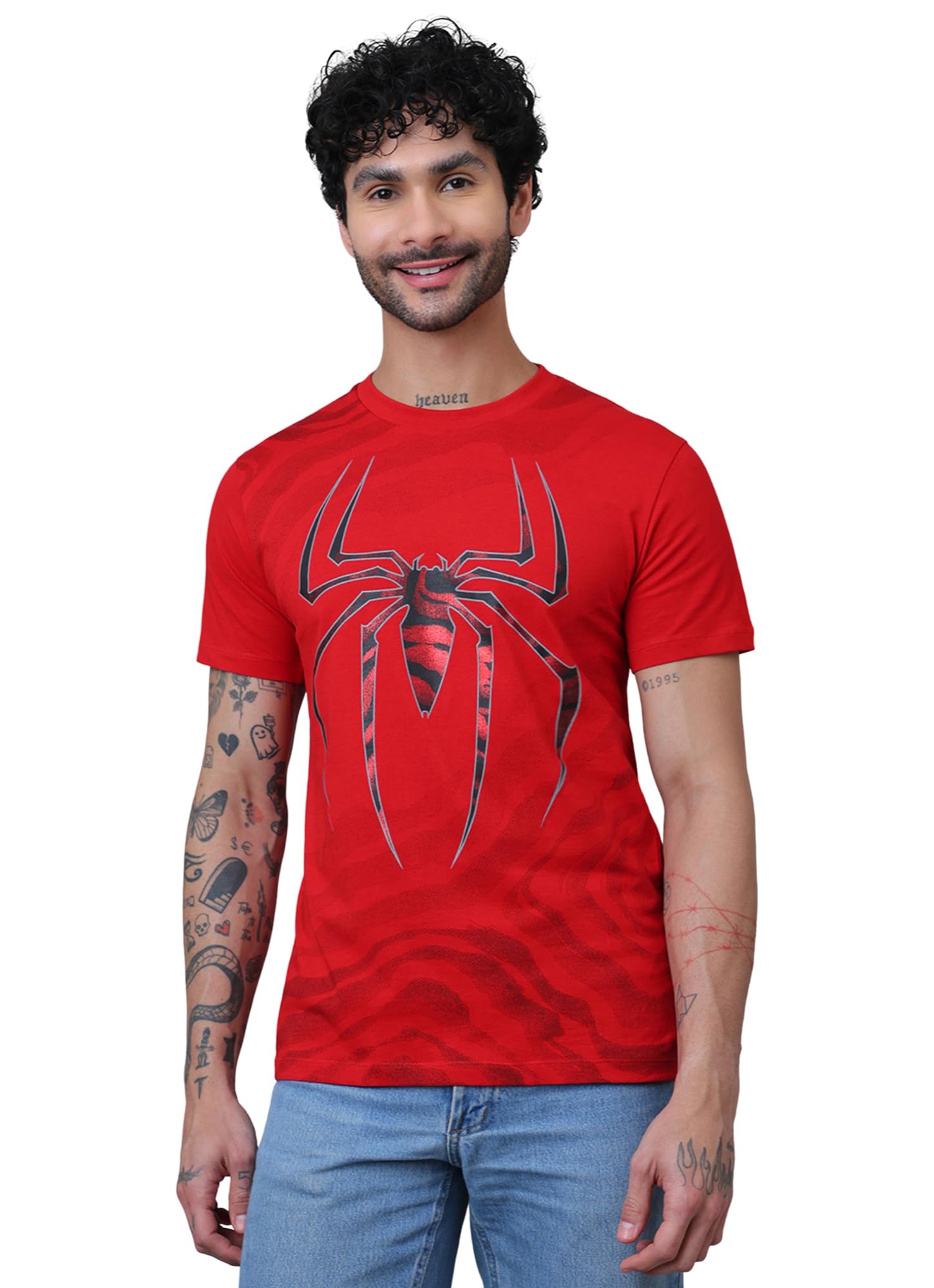 Official Marvel Comics Spiderman Men's Graphic Printed Half Sleeves Round Neck Regular Fit Pure Breathable Cotton Fabric T-Shirt-image-2