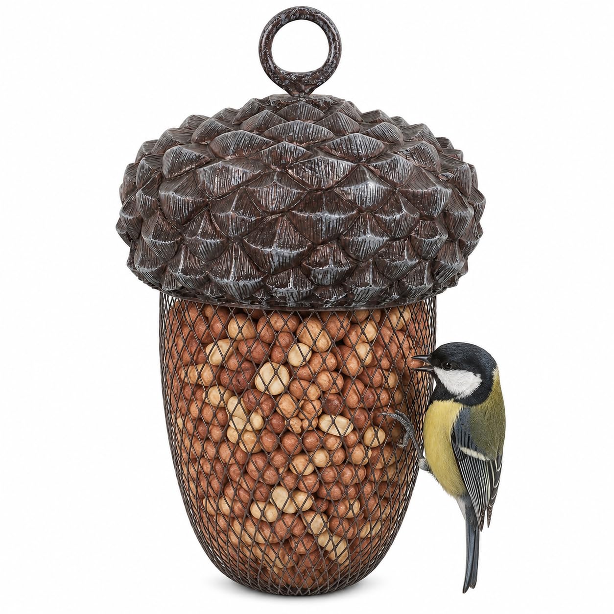 CKB LTD Wild Bird Feeder Large Hanging Metal Acorn - Easy Access Removable Screwtop Suspension Ring Lid for Bird-Safe Peanuts, Peanut Granules and Nut Mixes with Protective Mesh