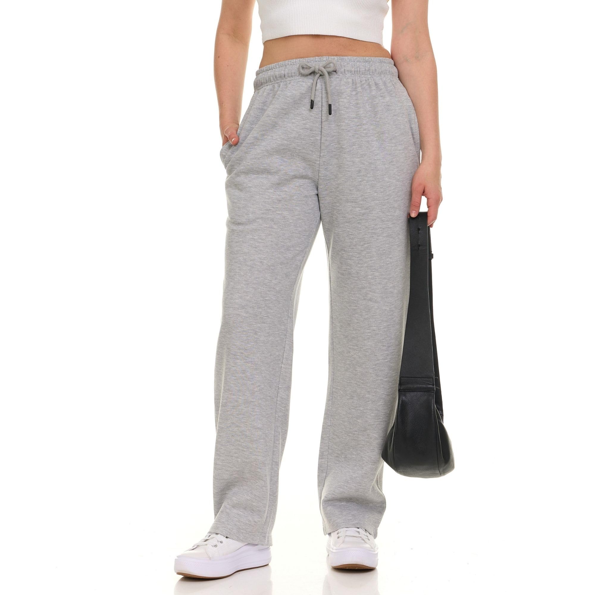 modern basics straight leg sweatpants for women, fleece loose fit open bottom lounge womens sweatpants with pockets grey