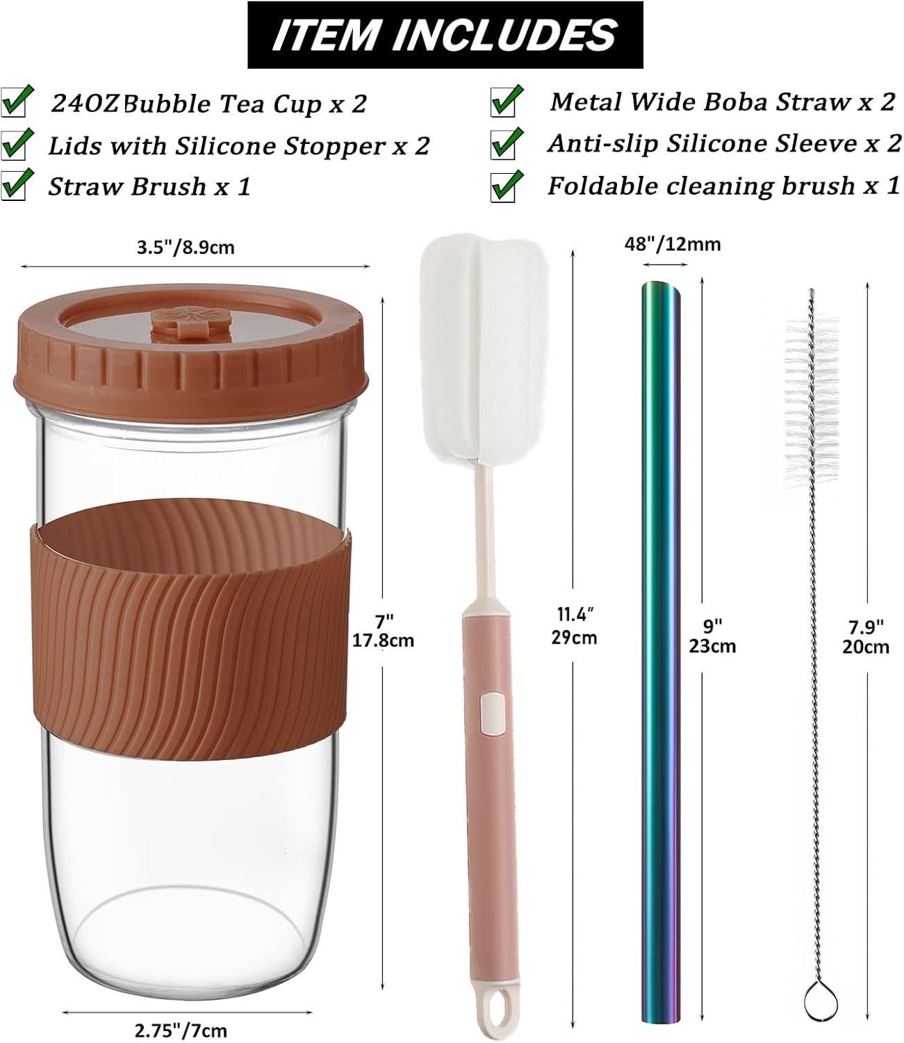 2 Pack Reusable Boba Cup,24Oz Wide Mouth Smoothie Cup,mason Jar Glass Cups with Lids and Straws,Bubble/Boba Tea Cups,Ice Coffee Tumbler 2 colored straws 1 sponge brush(Brown) - Image 2