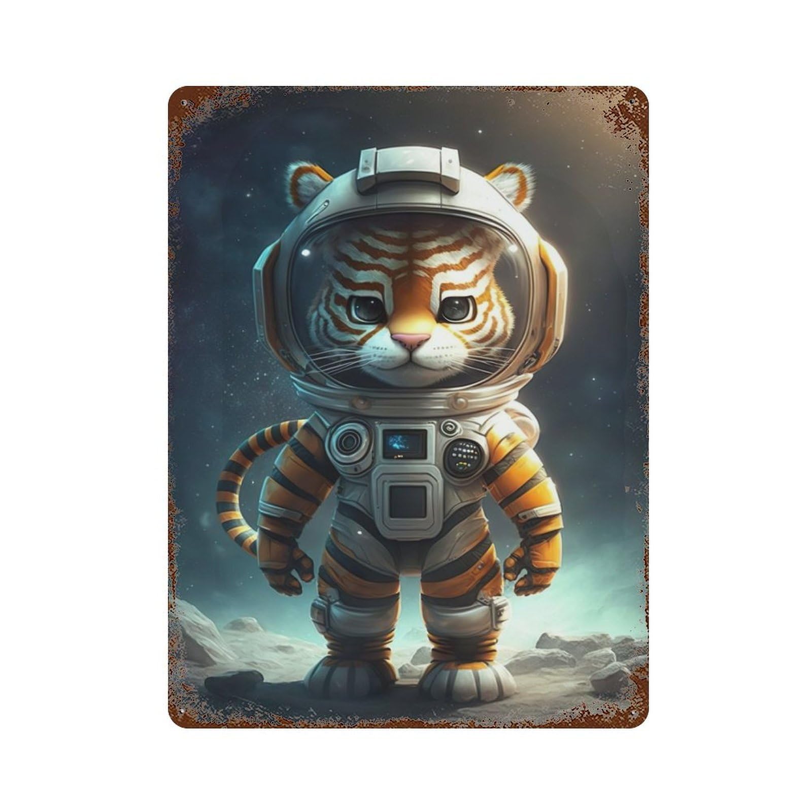 Rust Effect Tin Sign Astronaut Space Tiger 15.7"x11.8", Vintage Wall Decor for Basement, Hobby Room And Garage Decor