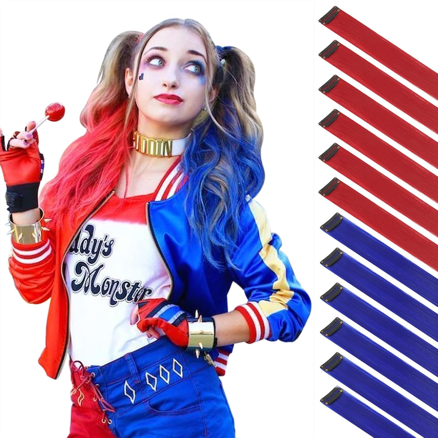 FESHFEN Extension Capelli Colorati Clip, 12 Pezzi Blu e Rosso Extension