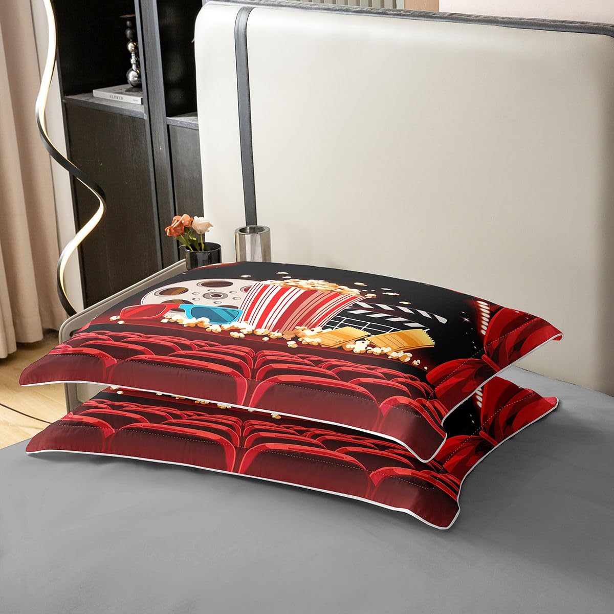 Loussiesd Set di biancheria da letto con copripiumino a tema cinema, 100% cotone, per ragazzi e ragazze, con stampa popcorn, 3 pezzi, chiusura a cerniera, con 2 federe