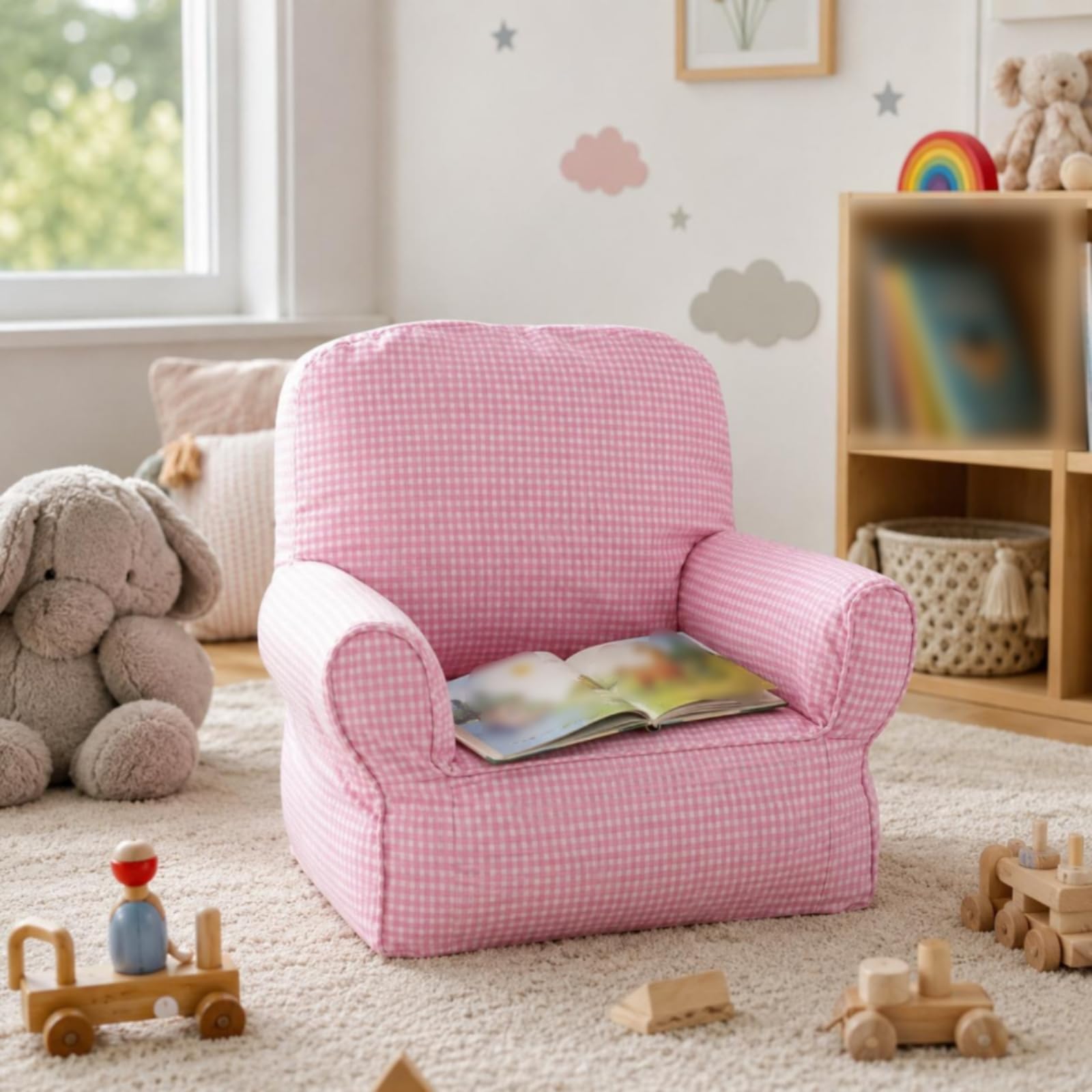 Milageto Sofá Infantil Individual Sillón Niños Pequeña Asiento Compacto con Respaldo Cuadrado y Funda Lavable de Lona Acolchado de Esponja Adecuado para Cuarto, Color to 3, Style to 3