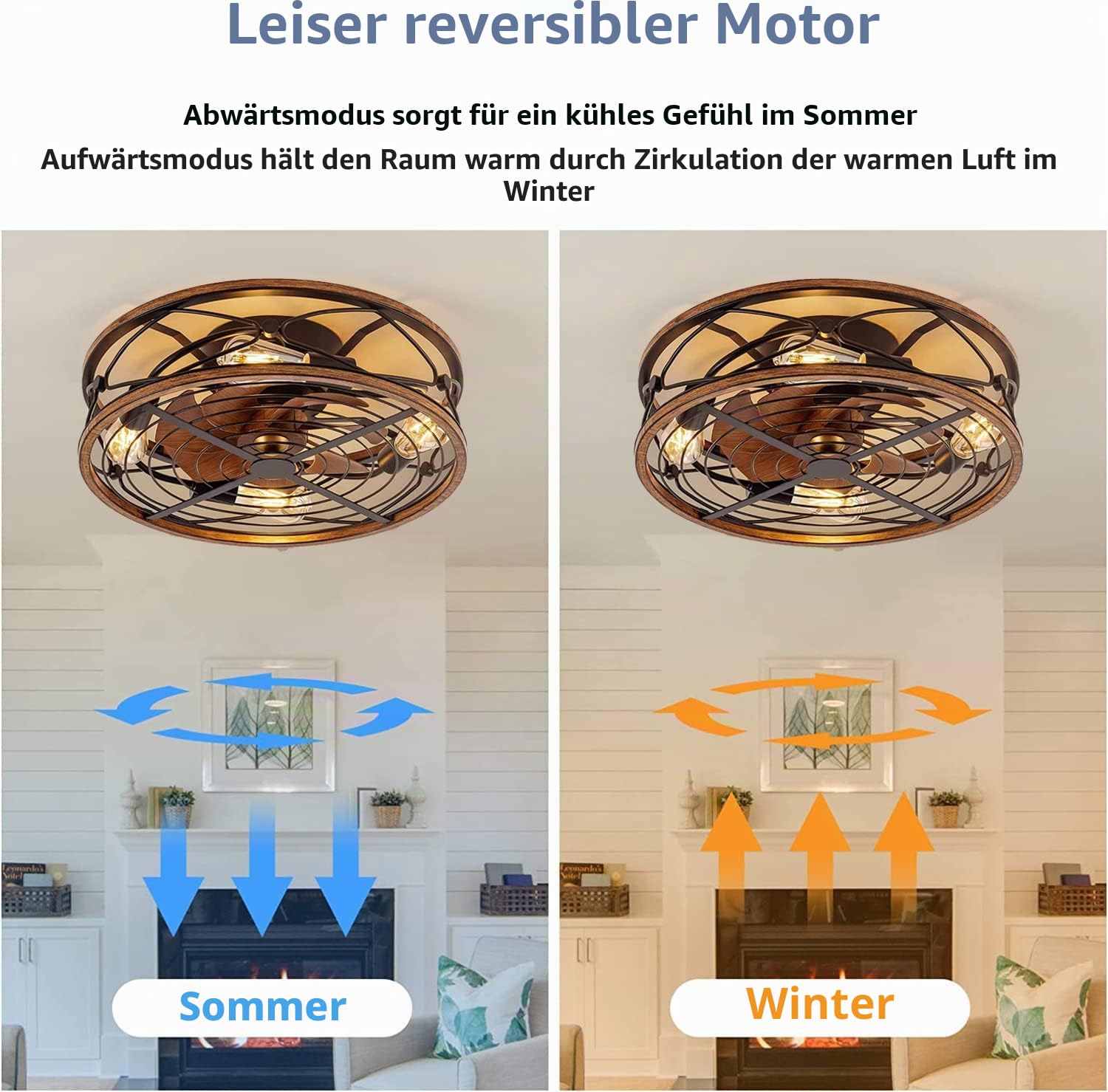 E27 Deckenventilator Mit Beleuchtung Und Fernbedienung Retro Fan Deckenleuchte Schlafzimmer Ventilator Deckenlampe Leise Lüfter mit Licht Vintage Eisenkäfig Pendelleuchte Wohnzimmer Esszimmer Lampe
