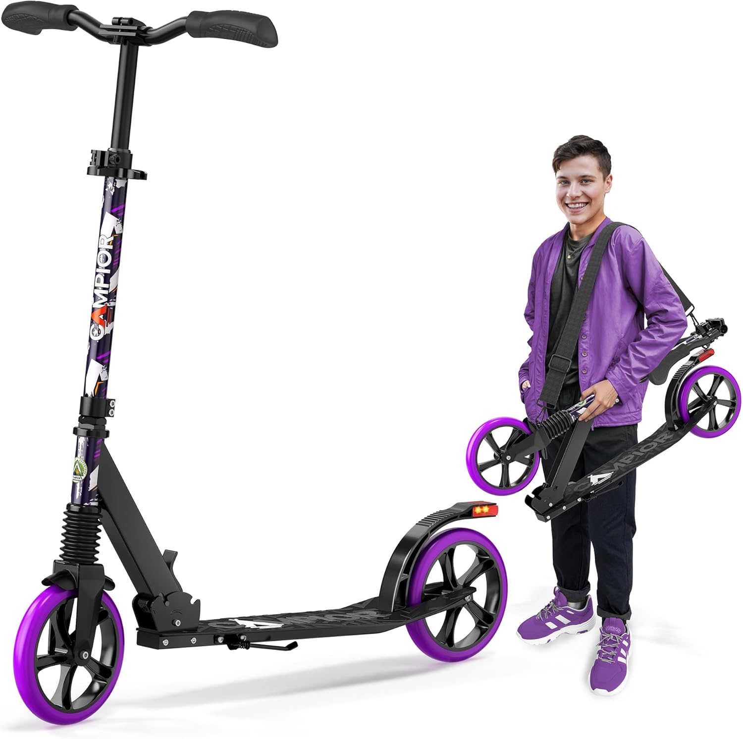 Kick Scooter for Ages 6+, for Kids, Teens, and Adults, Max Load 240 LBS, Foldable, 8-inch Big Wheels for Kids and Adults, with Kickstand, 3 Adjustable Levels, Child Safety Approved, Purple