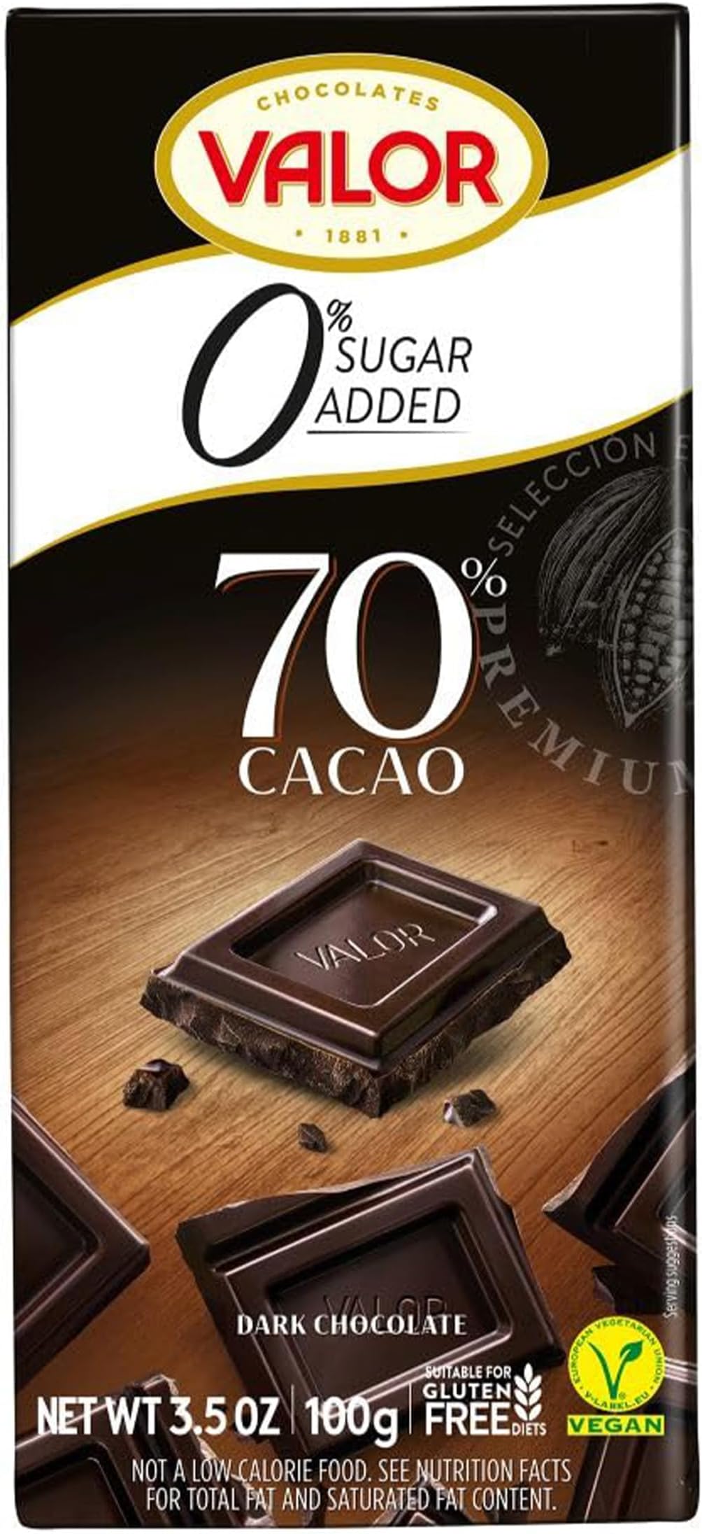 Valor 0% Added Sugar Dark Chocolate Bar - Dark Diabetic Chocolate - made with 70% Cacao, Sweetened with Stevia, Gluten Free, Vegan, by Master Chocolatiers, 100g Bar