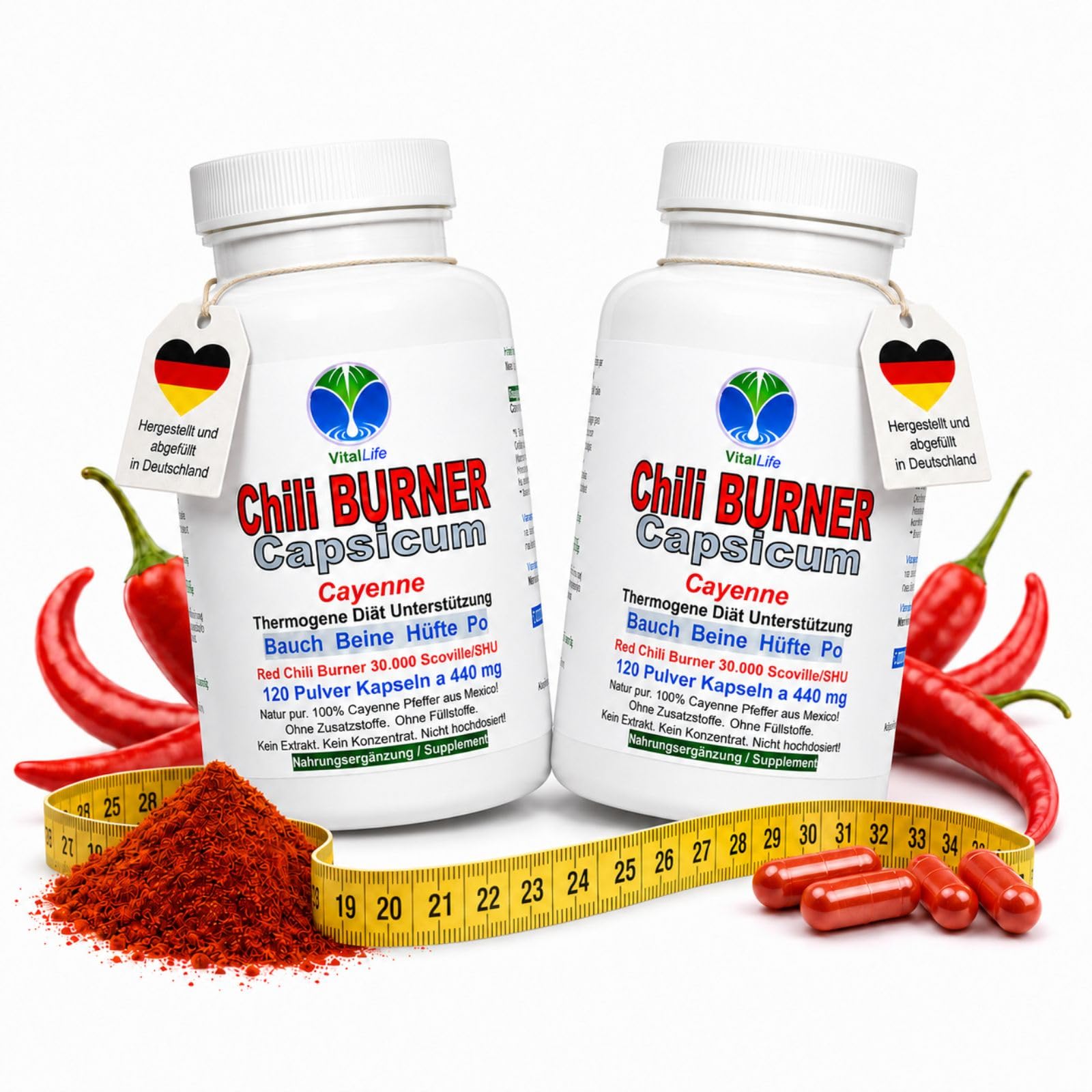 Red Chili F-BURNER 240 (2x120) Kapseln Capsicum Cayenne Pfeffer CAPSAICIN für bewusste Ernährung, tägliche Diät-Routine, locker sitzende Lieblingshosen. NATUR pur. OHNE ZUSATZSTOFFE. 26590-2