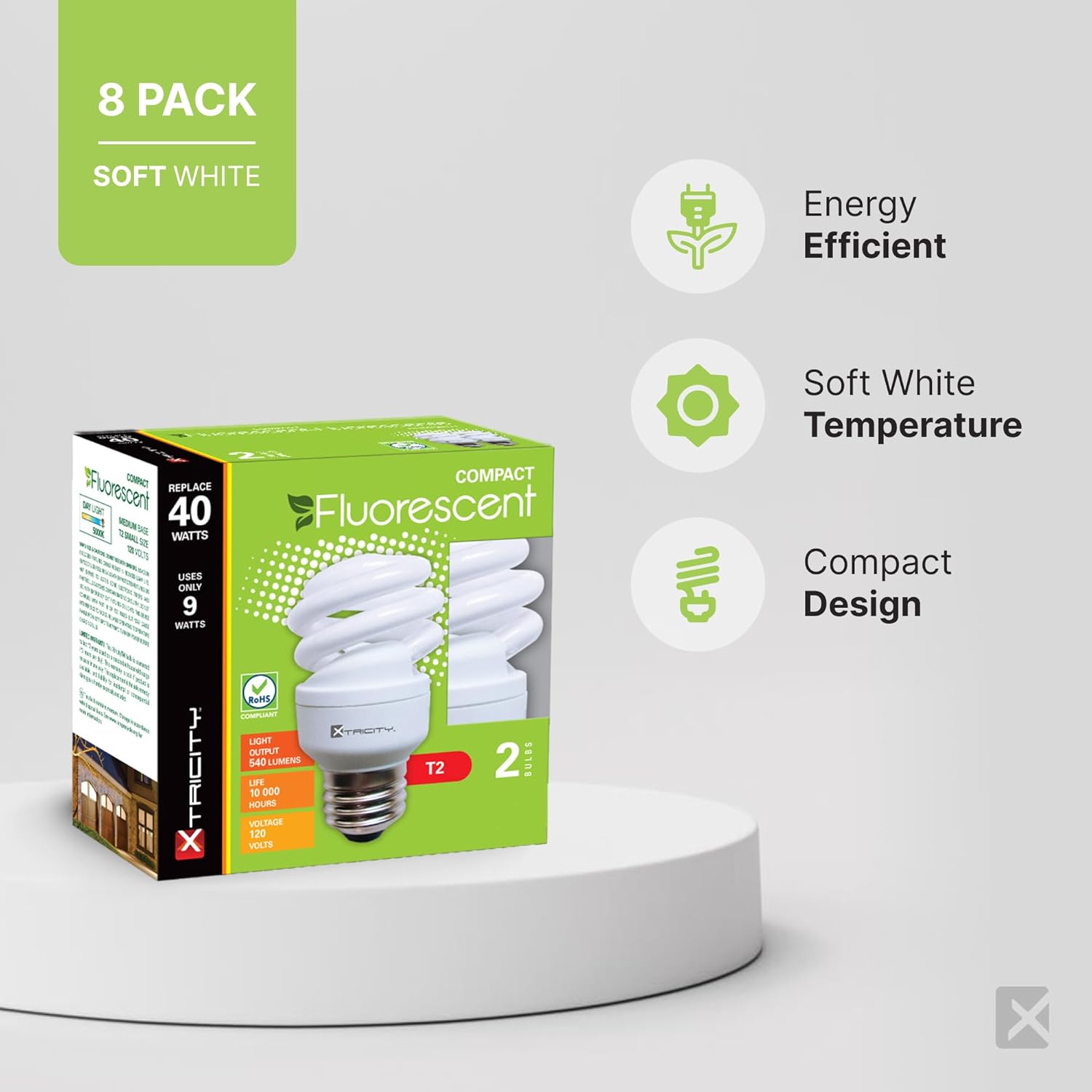 Xtricity Compact Fluorescent Light Bulb T2 Spiral, E26 Base, 9W (40 Watt Equivalent), 5000k Daylight, 540 Lumens, CFL, 120V - UL Listed, (8 Pack)