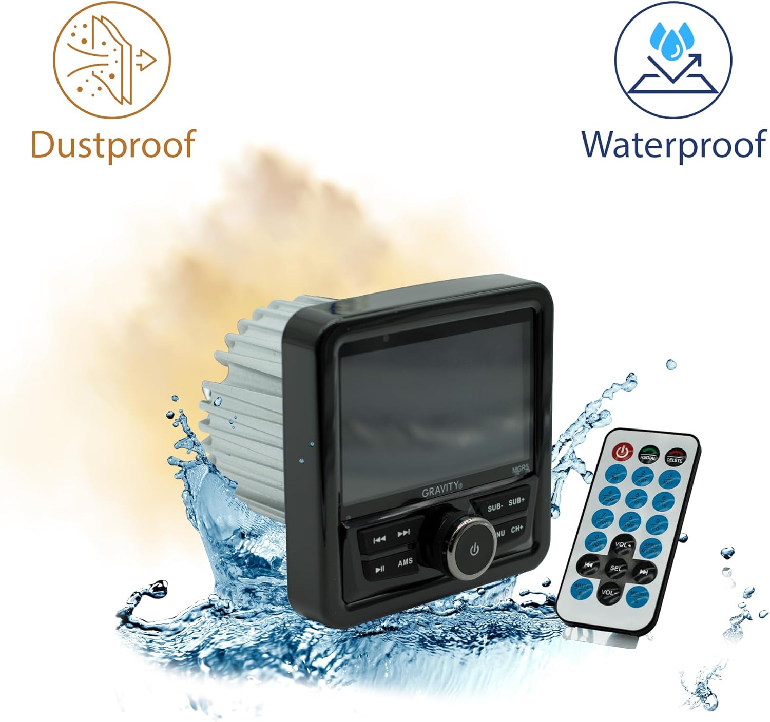 Gravity MGR5 showing dustproof and waterproof capabilities with water splashes and dust particles