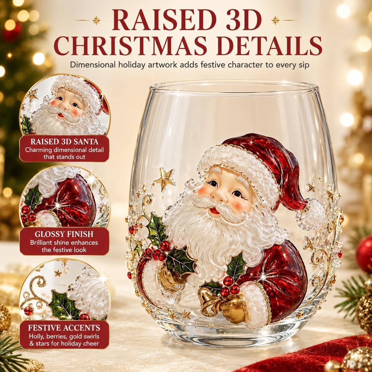 Generisch 3D Weihnachts-Trinkglas Stemless mit Weihnachtsmotiven, 6Pcs