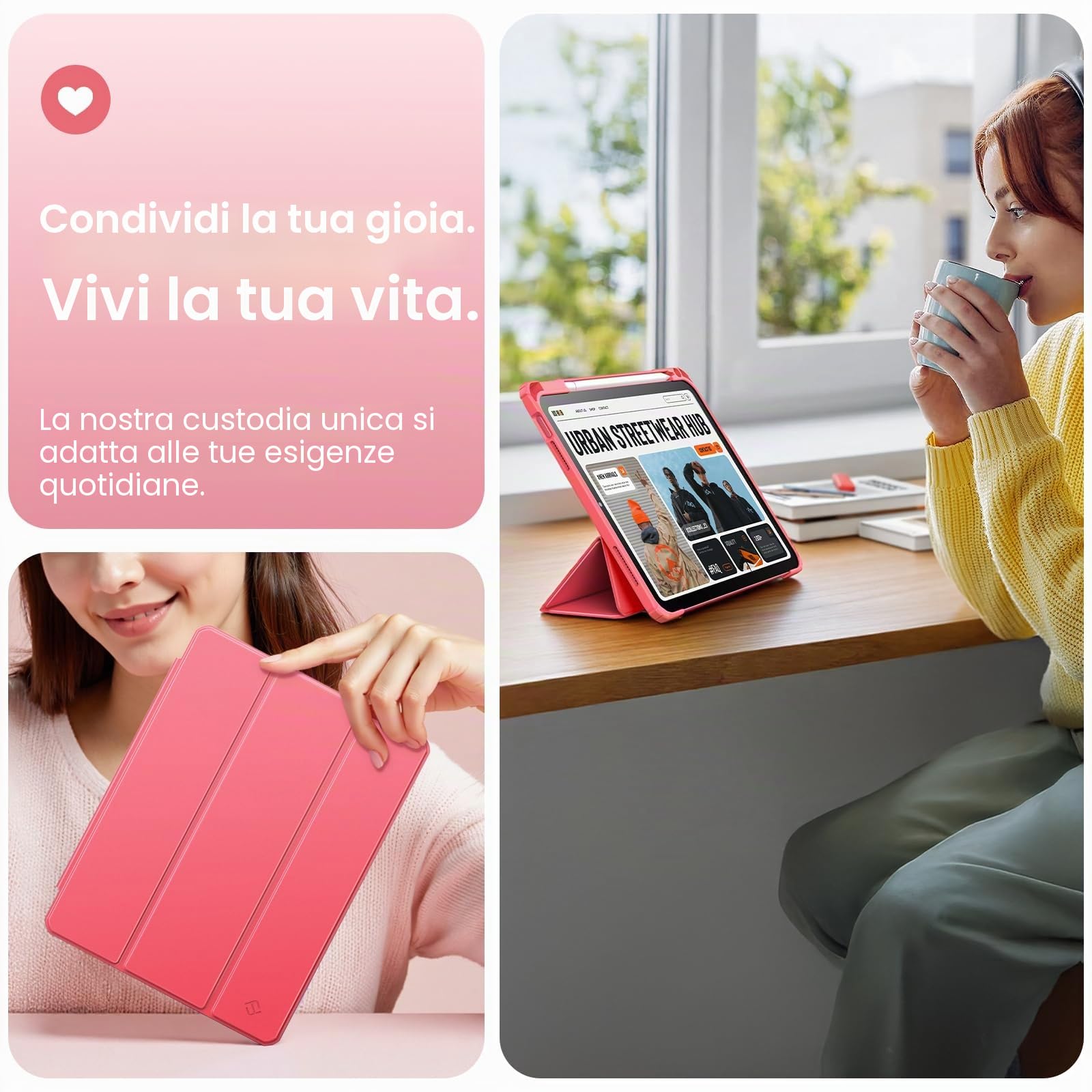 FINTIE Custodia iPad 11ª Gen 11" 2025 A16 Portapenne Sottile Leggero Trasparente Cover Posteriore Bordo TPU Morbido Auto Sveglia Sonno, Pink