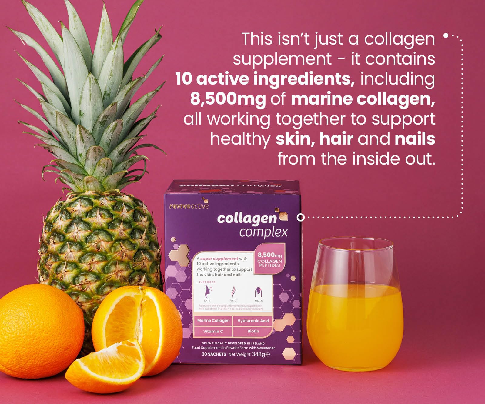 Revive Active Collagen Complex, 8 500 mg di collagene marino con acido ialuronico, 5 vitamine e 3 minerali per supportare pelle, capelli e unghie, 1 bustina al giorno, fornitura per 30 giorni