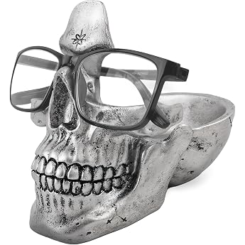 Sch del Brillenhalter Stand mit Storage Tray Neuheit Brillenhalter Rack f r Nachttisch Harz Sch del Kopf Skulptur Statue Home Office Desk Decor Geschenk Silber