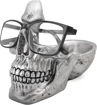 Skull Glasses Holder Stand with Storage Tray , Novelty Eye glasses Holder Rack for Nightstand, Resin Skull Head Sculpture Statue Home Office Desk Decor Gift Silver