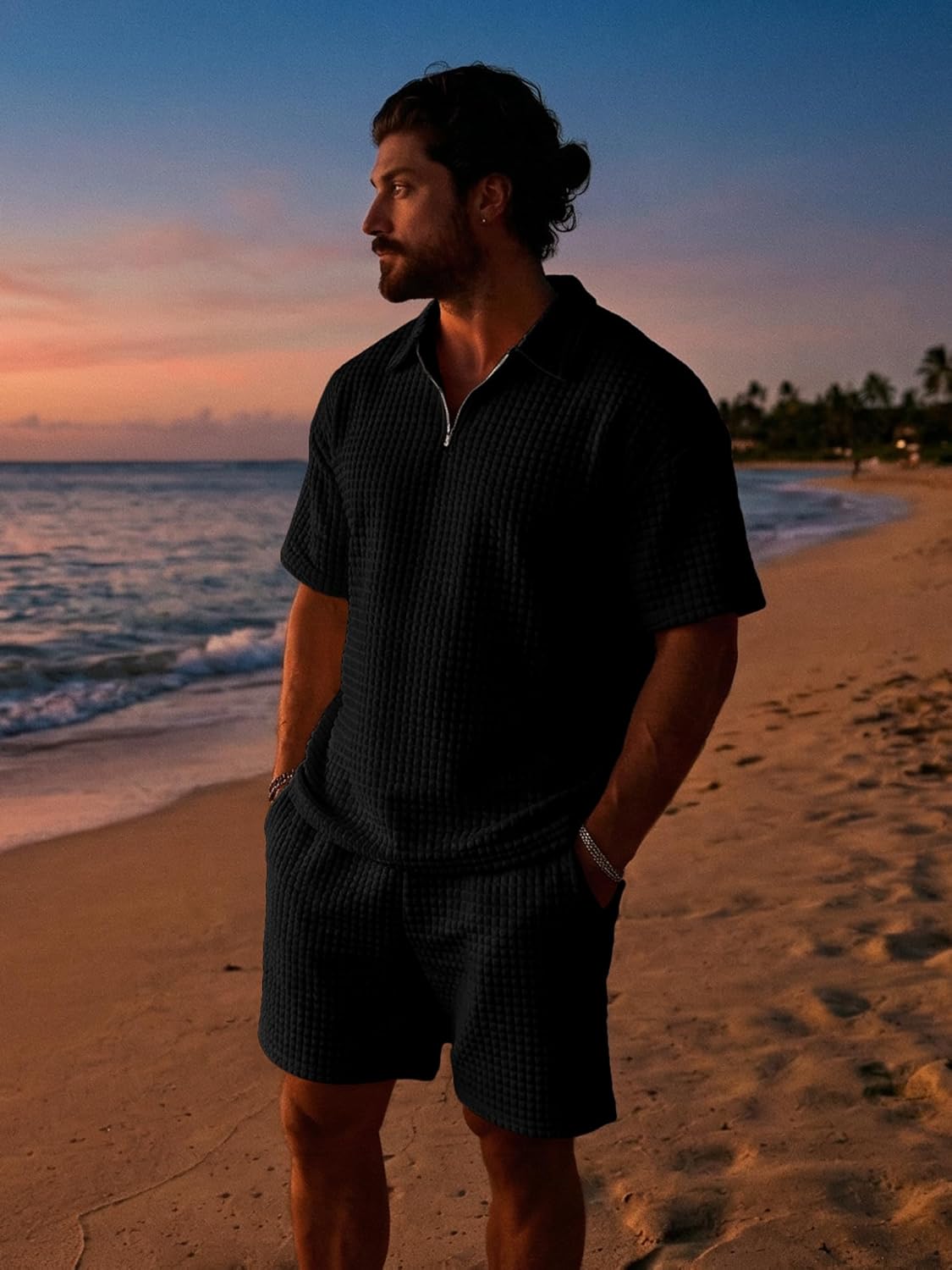 JMIERR Men's 2 Piece Waffle Knit Outfit Half Zip Polo Shirt and Shorts Textured Summer Set - Image 9