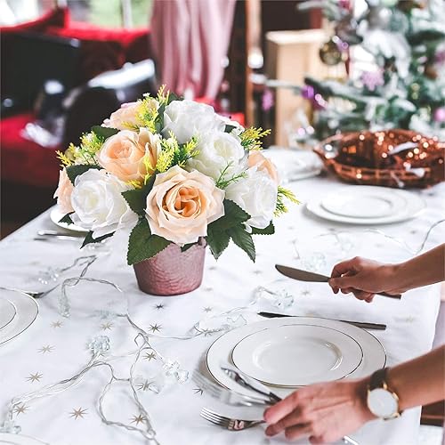 Miniatura 3 de LANLONG 2 ramos de flores falsas, 15 cabezas de rosas de plástico con base, flores artificiales para ramos de boda, centros de mesa, fiesta, día de
