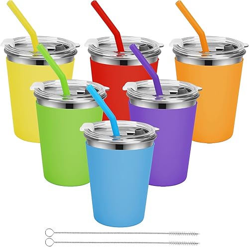 Yummy Sam Paquete de 6 vasos para niños con pajitas de silicona y tapas, botella de agua de acero inoxidable de 12 onzas con aislamiento térmico