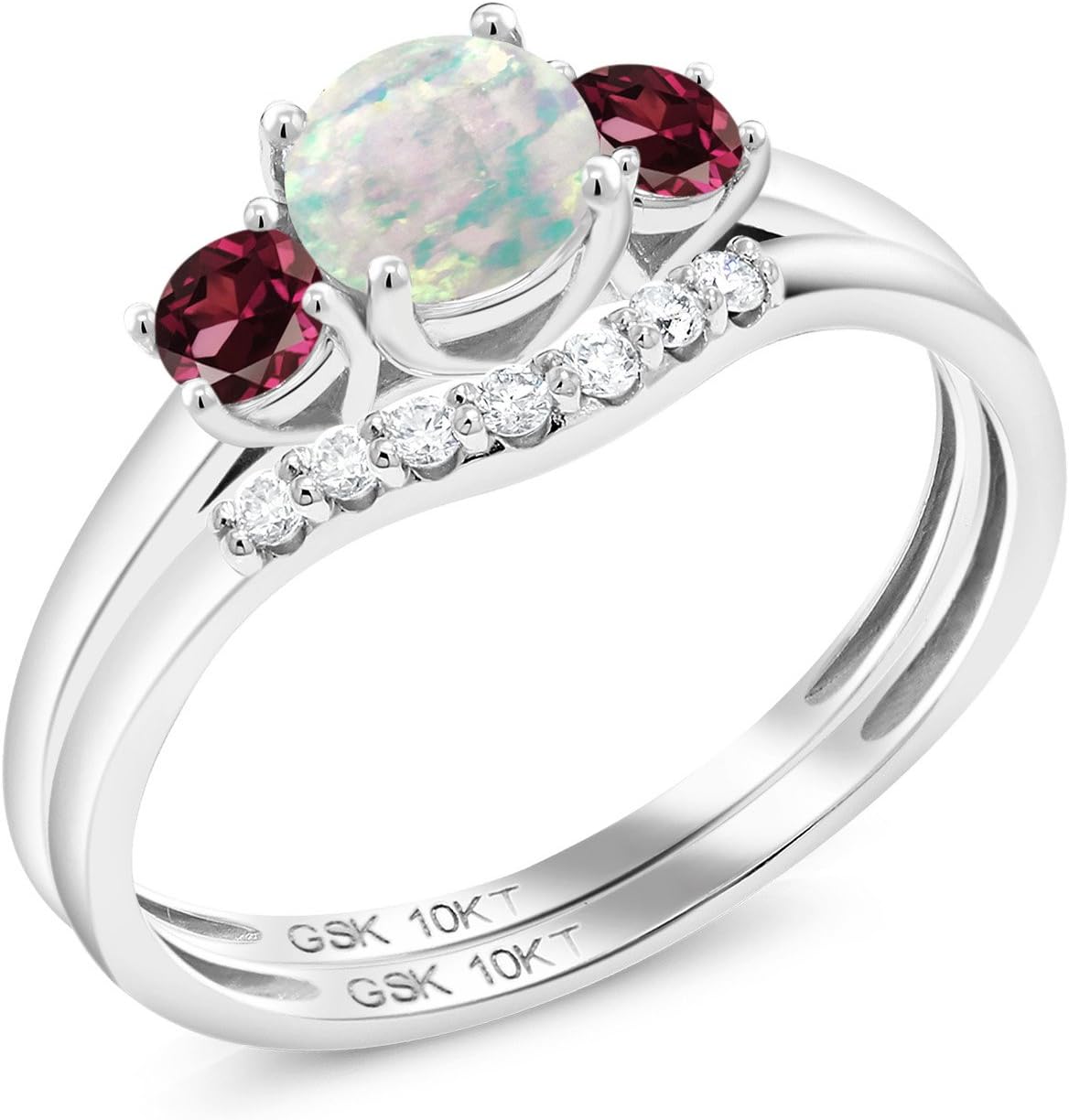 Gem Stone King 10K White Gold Simulated Opal and Red Rhodolite Garnet and Lab Grown Diamond 3-Stone Bridal Engagement Wedding Ring Set For Women (0.81 Cttw, October Birthstone, 5MM)
