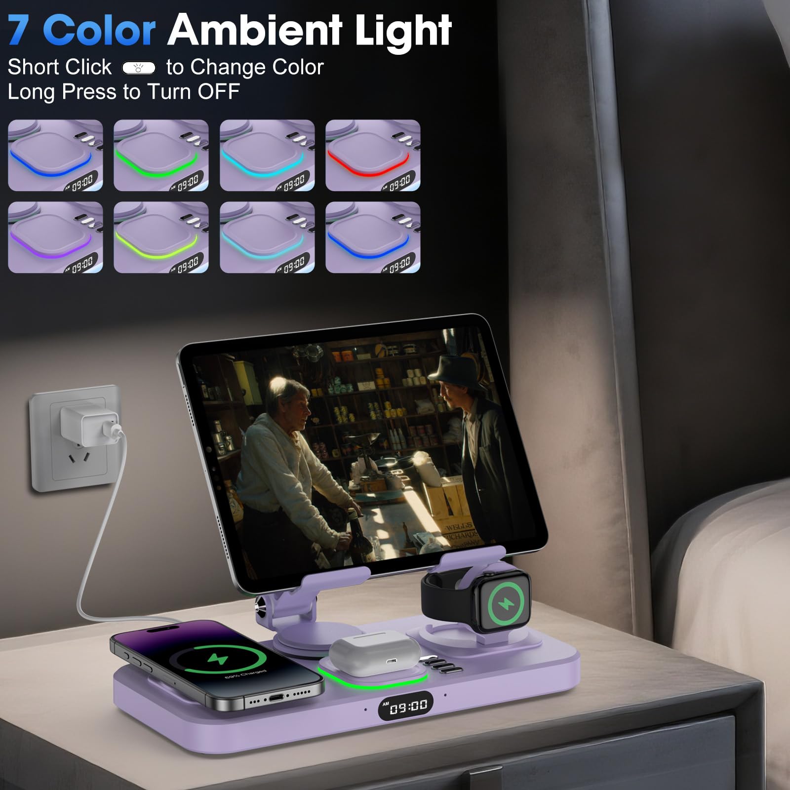 Caricabatterie wireless 6 in 1 per dispositivi Apple, stazione di ricarica con orologio e luce ambientale a 7 colori, supporto girevole pieghevole per iPad, per iPhone17/16/15, supporto per Apple