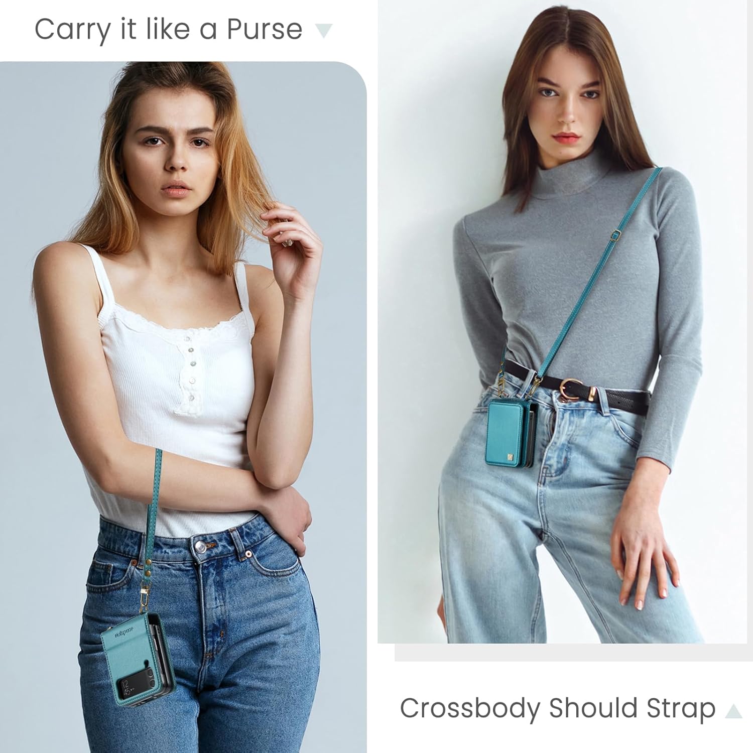 ASAPDOS Crossbody Case with Card Holder Compatible with Samsung Galaxy Z Flip 4,PU Leather Strap Wristlet Flip Case with Magnetic Closure and Card Holder for Men Women Blue Green