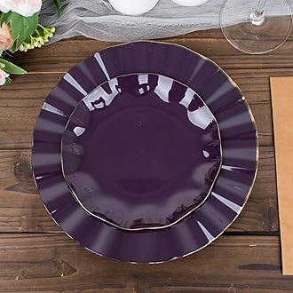 Efavormart 10 Pack | Purple 6" Round Plastic Dessert Salad Plates, Disposable Appetizer Plates with Gold Wavy Rim for Wedding, Outdoor Receptions, Banquets, Holiday Dining