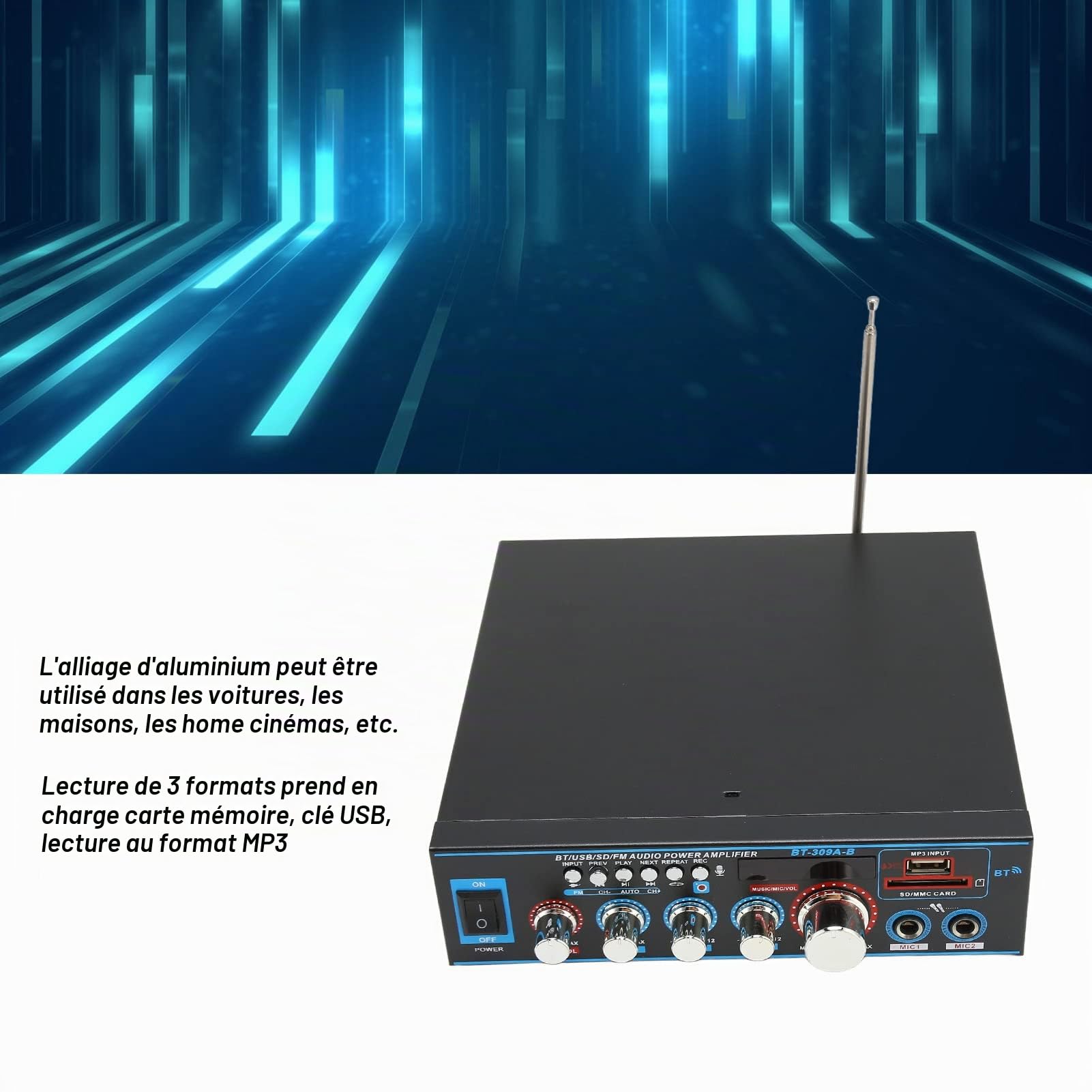 BT-309A Amplificateur de Puissance Domestique, 400W X 2 Mini Amplificateur Audio Bluetooth 2 Canaux Récepteur Stéréo Numérique pour Haut-Parleurs Home Cinéma