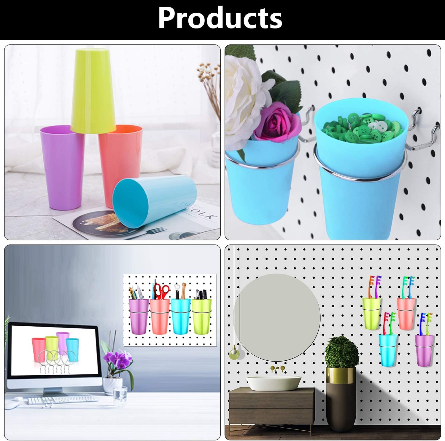 4 Sets Pegboard Bins with Rings, Ring Style Pegboard Accessories with Pegboard Cups Holder Accessories Organizing for Shed Garage Workbench Craft Room Laundry Room or Kitchen (Blue)