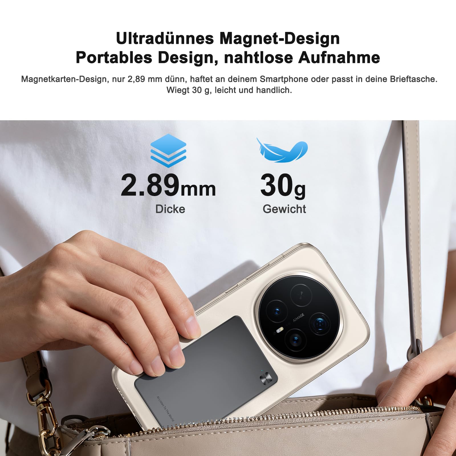 HONOR Choice AI Note Sprachrekorder, 600 Min/Monat Kostenlose Transkription, Digitales Diktiergerät mit KI-Zusammenfassungen & Mind-Maps, 130+ Sprachen, Schlanke Magnetkarte, für Meetings & Anrufe