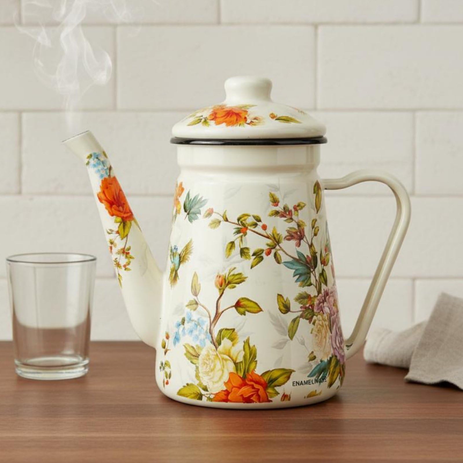 Contenitore per Bevande in Smalto con Coperchio Rimovibile per E Caffè con Motivo Floreale E Manico Comodo Adatto per