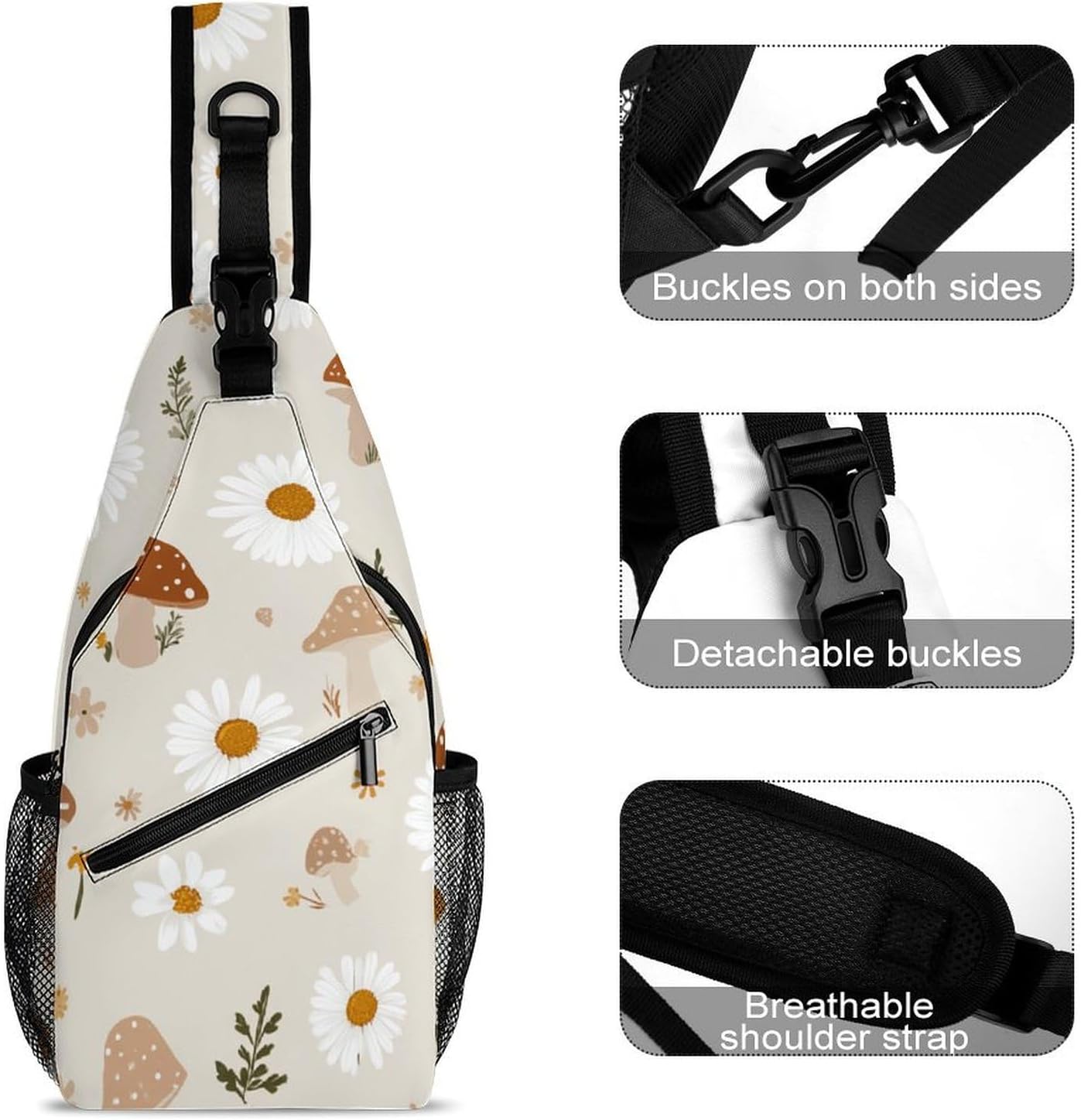 Mushrooms And Daisies Sling Crossbody Bag Lightweight Chest Shoulder Backpack for Outdoor Sports