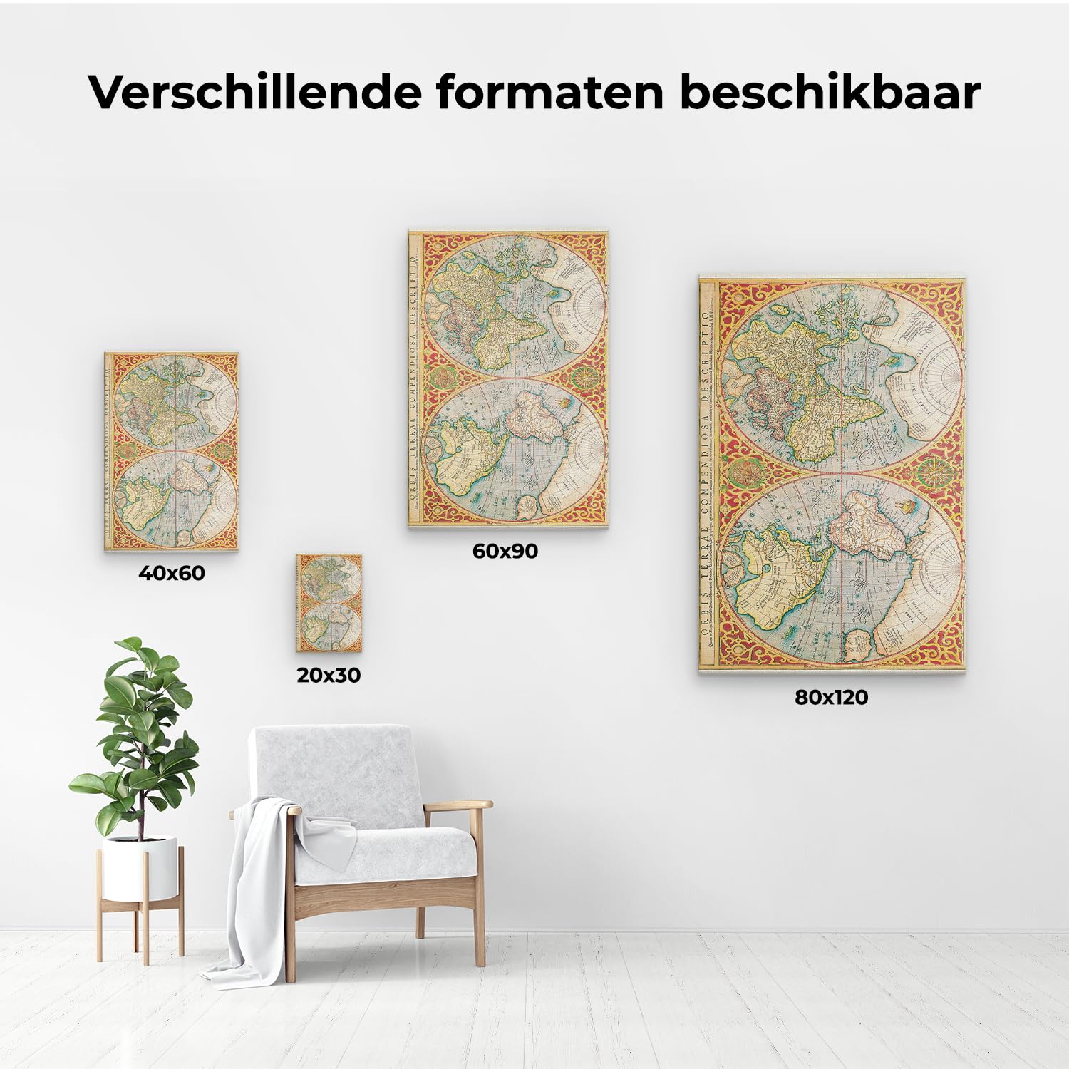 Artaza Leinwand Bilder Weltkarte Antik - 80x120 cm - Wanddeko Wohnzimmer - Wandbilder Vintage Landkarte - Deko Büro
