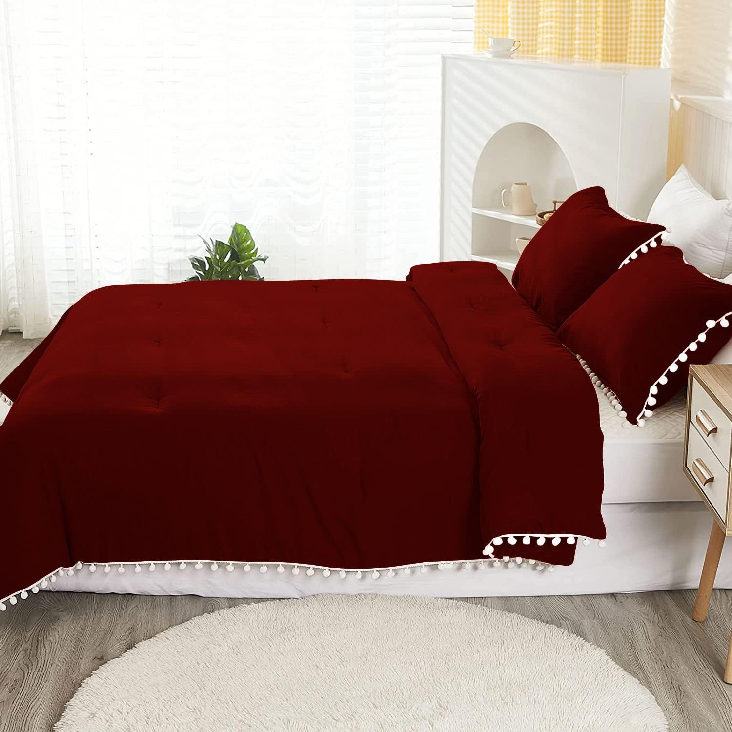 Tony's Textiles 5 Piece White Vintage Pom-Pom Fringe Plain Pattern Comforter Set, 100% Egyptian Cotton with 1000 Thread Count (King/California King Size - Burgundy Color)