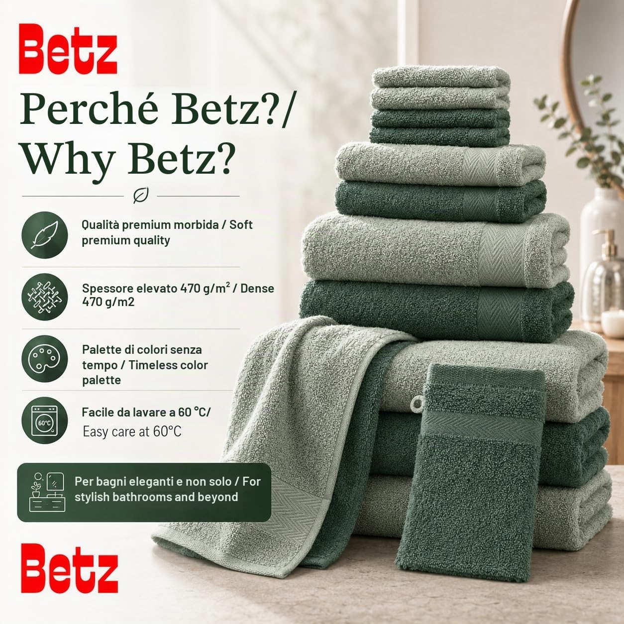 Betz set di 1 asciugamani Premium 100% cotone 2 teli doccia 4 asciugamani 2 asciugamani per ospiti 2 guanti da bagno 2 lavette