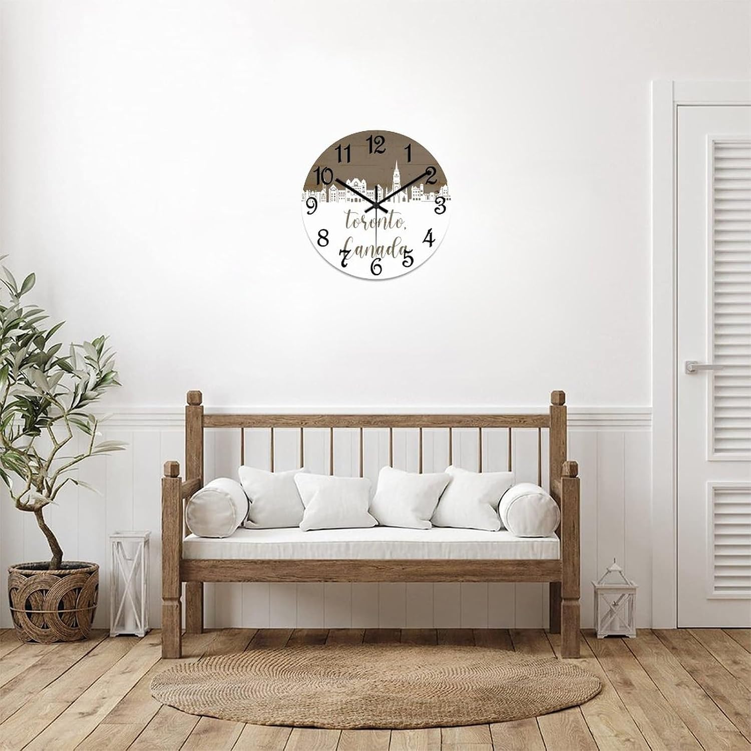 Decorative Wall Clock Canada Toronto Cityscape Wall Clock Toronto City Skyline Wooden Clocks Silent Battery Operated 15 Inch Shabby Chic Retro Round Clock for Kitchen Bedroom Office, Style-2