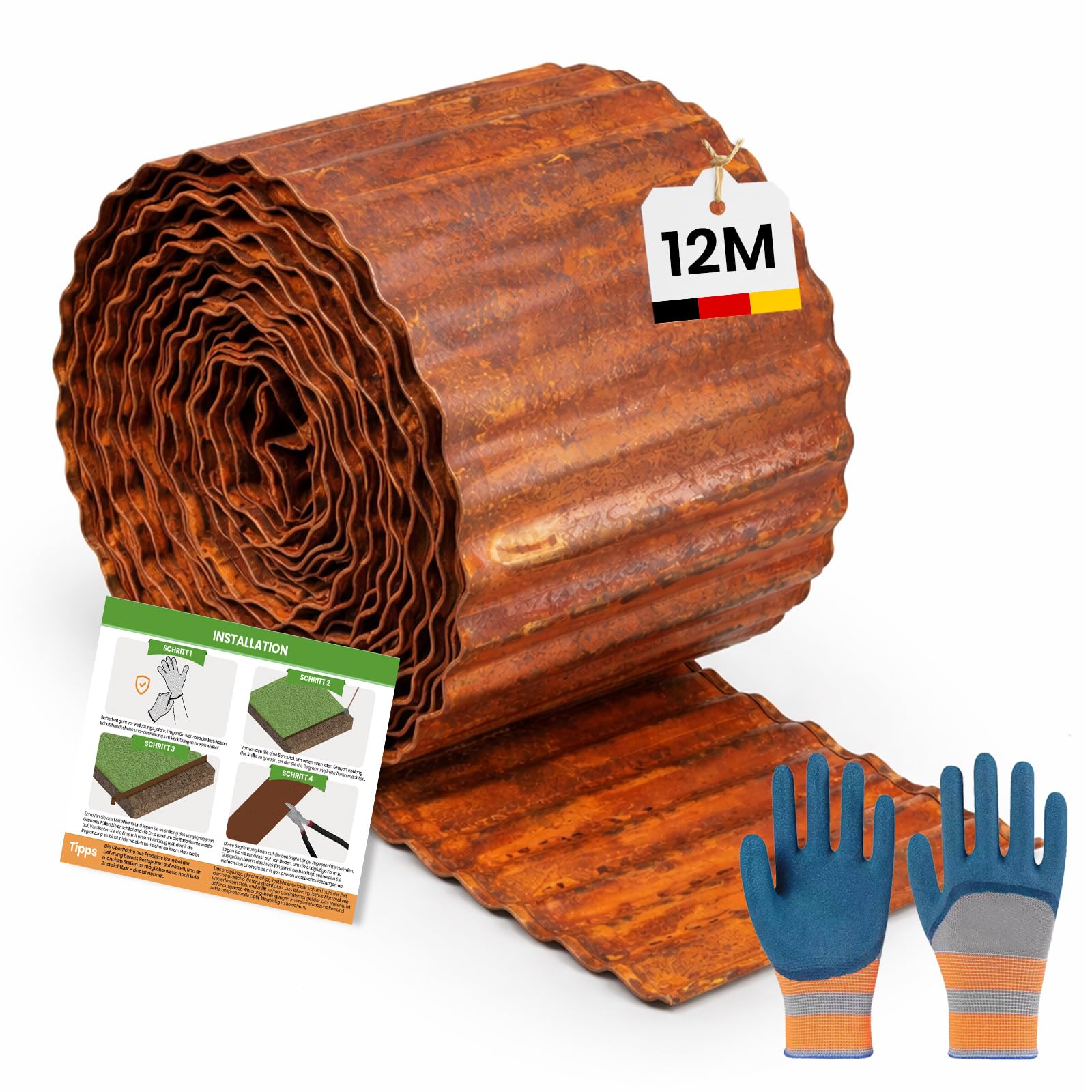 Bordura per Giardino in Acciaio Corten 12m x 15 cm, Bordura per Aiuola in Metallo, Bordo per Prato in Ruggine, 1 Paio di Guanti Incluso, per delimitare aiuole (Forma ondulata, 12M x 15CM)