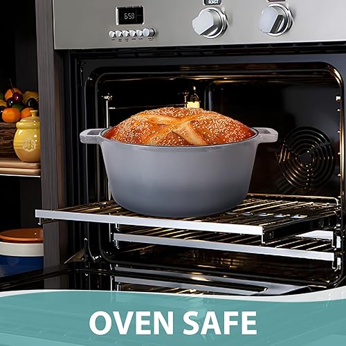 Miniatura 6 de TeamFar Horno holandés de hierro fundido esmaltado de 5 cuartos de galón, olla holandesa 2 en 1 con tapa de sartén para hornear pan, estofado,